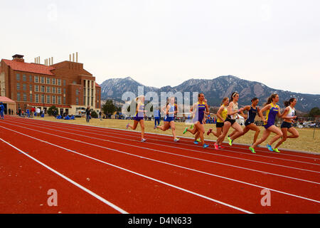 March 16, 2013 - Boulder, CO, United States of America - March 16, 2013: The first heat of the women's 1500 meters starts at Potts Field at the inaugural Jerry Quiller Classic at the University of Colorado campus in Boulder. Stock Photo