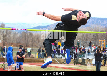 March 16, 2013 - Boulder, CO, United States of America - March 16, 2013: Colorado's Mark Jones easily clears 205 cm in the high jump at the inaugural Jerry Quiller Classic at the University of Colorado campus in Boulder. Stock Photo