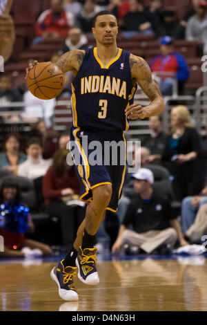 March 16, 2013: Indiana Pacers point guard George Hill (3) brings the ball up the court during the NBA game between the Indiana Pacers and the Philadelphia 76ers at the Wells Fargo Center in Philadelphia, Pennsylvania. Stock Photo