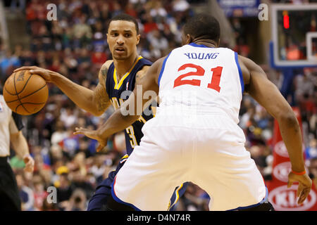 March 16, 2013: Indiana Pacers point guard George Hill (3) in action with the ball against Philadelphia 76ers small forward Thaddeus Young (21) during the NBA game between the Indiana Pacers and the Philadelphia 76ers at the Wells Fargo Center in Philadelphia, Pennsylvania. The Philadelphia 76ers beat the Indiana Pacers, 98-91. Stock Photo