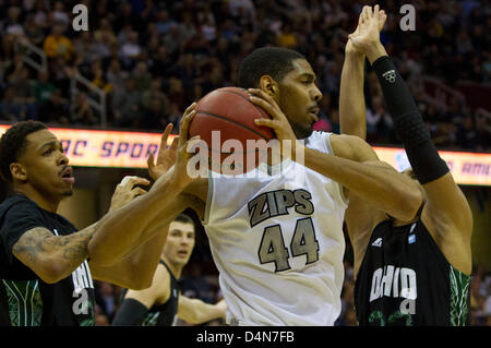 March 16, 2013: Zeke Marshall (44) of Akron secures a rebound during the MAC Tournament Championship game. Akron beat Ohio 65-46 at Quicken Loans Arena in Cleveland, OH. Stock Photo