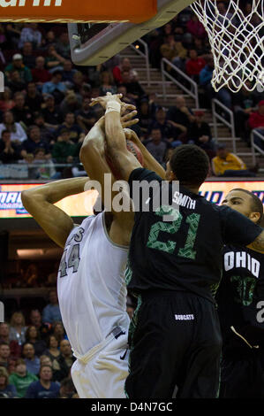 March 16, 2013: Akron's Zeke Marshall (44) is fouled by Jon Smith (21) of Ohio during the MAC Tournament Championship game. Akron beat Ohio 65-46 at Quicken Loans Arena in Cleveland, OH. Stock Photo