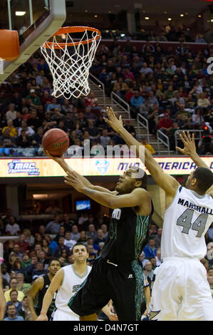 March 16, 2013: Reggie Keely (30) of Ohio goes in for a layup as Zeke Marshall (44) defends during the MAC Tournament Championship game. Akron beat Ohio 65-46 at Quicken Loans Arena in Cleveland, OH. Stock Photo