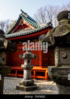 Stone lanterns next to the haiden, Senba Toshogu Shrine, Kawagoe, Japan. Stock Photo