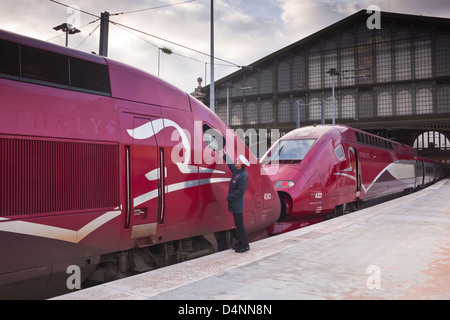 A Thalys high speed train awaits departure at Gare du Nord station in Paris. Stock Photo