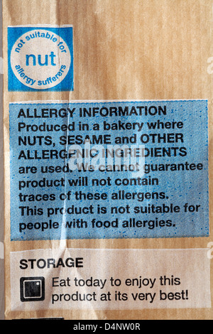 not suitable for nut allergy sufferers sign and allergy information on baguette bag and storage advice Stock Photo