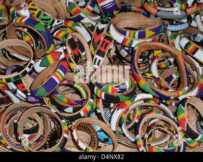 full frame abstract background with lots of colorful bracelets made of leather Stock Photo