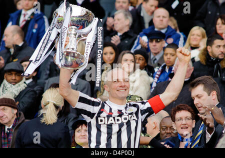 Glasgow, UK. 17th March, 2013. Jim Goodwin lifts the Cup, Scottish Communities League Cup Final, St Mirren v Hearts, Hampden Park Stadium. Credit Colin Lunn/Alamy Live News Stock Photo