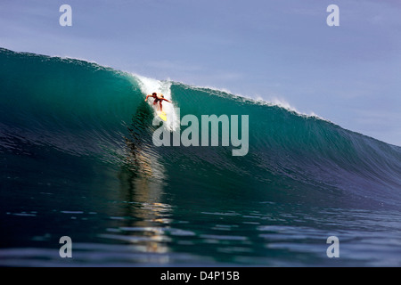 Surfer dropping into huge green surfing wave on Nias Island in Sumatra, Indonesia Stock Photo