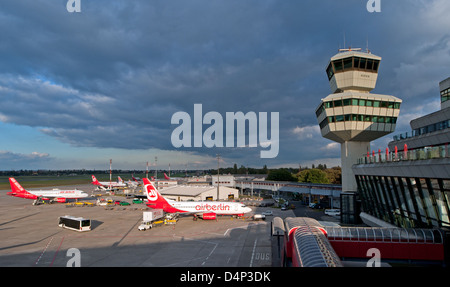 Berlin, Germany, Tegel Airport with Tower and aircrafts Stock Photo