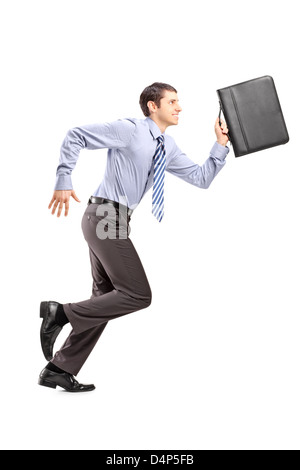 Full length portrait of a businessman running with a briefcase isolated on white background Stock Photo