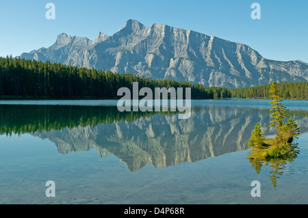 Rundle Mountain and Two Jack Lake, Banff, Alberta, Canada Stock Photo