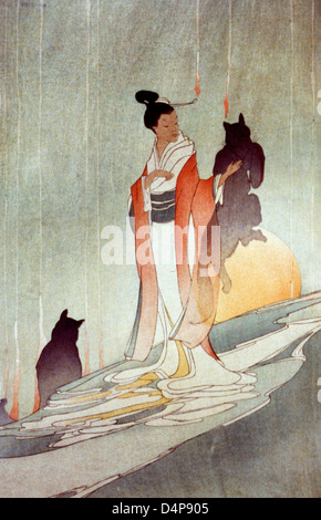 Fox Woman - Japanese woman in conventional costume with shadowy figures of two foxes, circa 1916 Stock Photo