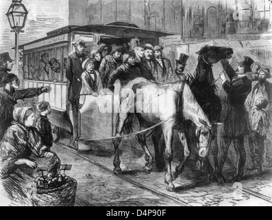 The Crowded car - Pair of horses unable to pull overcrowded street car in New York City, 1872 Stock Photo