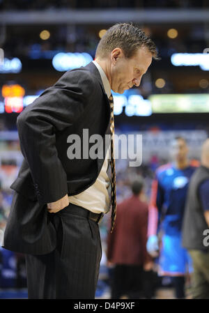 Mar 17, 2013: Oklahoma City Thunder head coach Scott Brooks during an NBA game between the Oklahoma City Thunder and the Dallas Mavericks at the American Airlines Center in Dallas, TX Oklahoma defeated Dallas 107-101 Stock Photo
