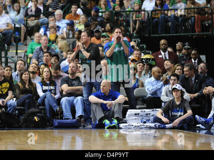 Mar 17, 2013: Dallas Mavericks owner Mark Cuban yells at an official during an NBA game between the Oklahoma City Thunder and the Dallas Mavericks at the American Airlines Center in Dallas, TX Oklahoma defeated Dallas 107-101 Stock Photo