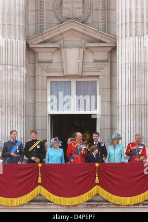 The Royal family (L-R) Prince William of Wales, Prince Harry of Wales, Princess Anne Princess Royal, Queen Elizabeth II, Prince Edward Earl of Wessex, Prince Philip Duke of Edinburgh, Commander Tim Laurence, Camilla Duchess of Cornwall and Prince Charles of Wales attend the Trooping The Colour ceremony marking the Queen Elizabeth II ?s birthday at the Horse Guards Parade in London, Stock Photo