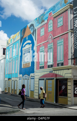 Colourful buildings painted on street wall in Bridgetown, capital city of Barbados, Caribbean, West Indies Stock Photo
