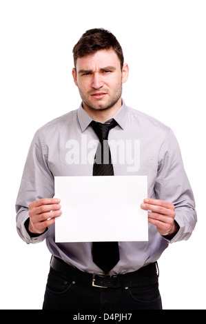 Handsome business man isolated on a white background looking confused holding a blank sign Stock Photo
