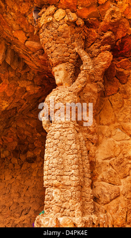 Stone Woman Colonnaded Footway Under Viaduct designed by Antoni Gaudi Guell Park, Barcelona, Catalonia, Spain Stock Photo