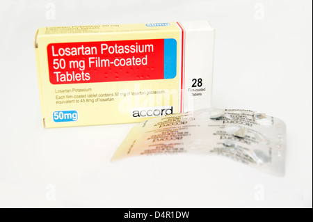 Losartan Potassium tablets used for lowering high blood pressure Stock Photo