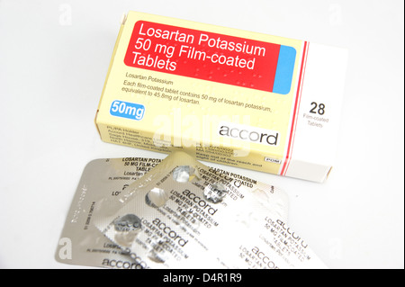 Losartan Potassium tablets used for lowering high blood pressure Stock Photo