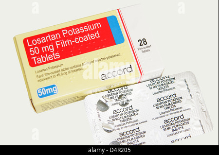 Losartan Potassium tablets used for lowering high blood pressure Stock Photo