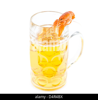Pint of beer in a glass beer mug with a single cooked pink prawn with large pincers balanced on the rim isolated on white Stock Photo