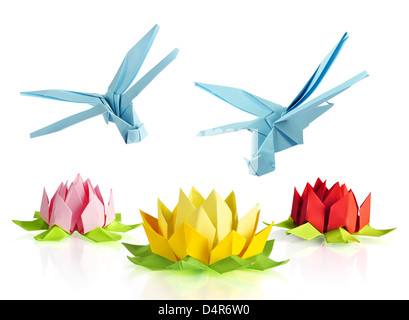 origami blue dragonfly over flowers lotus over white background Stock Photo