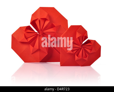 Two origami hearts isolated on a white background. Clipping path included Stock Photo