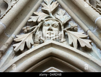 Carving of a Green Man in the Chapter House of Southwell Minster, Southwell, Nottinghamshire, East Midlands, UK Stock Photo