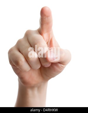 hand pointing, touching or pressing isolated on white. Caucasian male Stock Photo