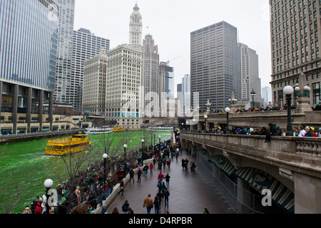 The Chicago River is dyed green for St. Patrick's Day in Chicago, U.S.A., on Saturday March 16, 2013. Stock Photo