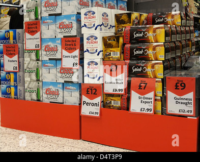 Packs of beer on offer in a Morrisons supermarket Stock Photo