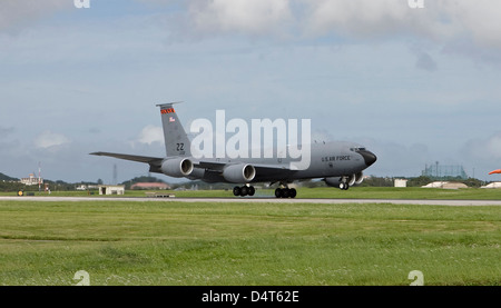 A KC-135 Stratotanker lands on the runway at Kadena Air Base, Japan Stock Photo