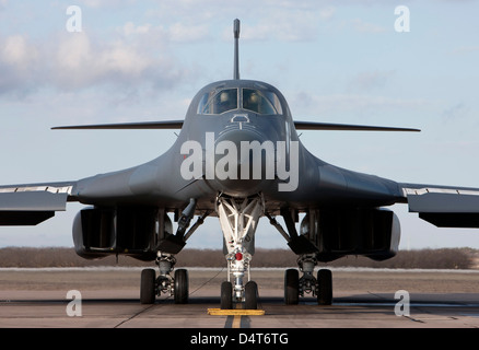 A B-1B Lancer from Dyess Air Force Base, Texas, goes through pre-flight checks before a training mission. Stock Photo