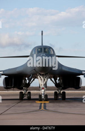 A B-1B Lancer from Dyess Air Force Base, Texas, goes through pre-flight checks before a training mission. Stock Photo