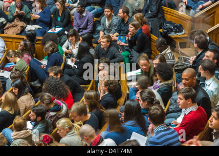 Paris, France, Aerial View, Inside French Amphitheater Sorbonne University Students meeting, Class, large multicultural big crowds aerial Stock Photo