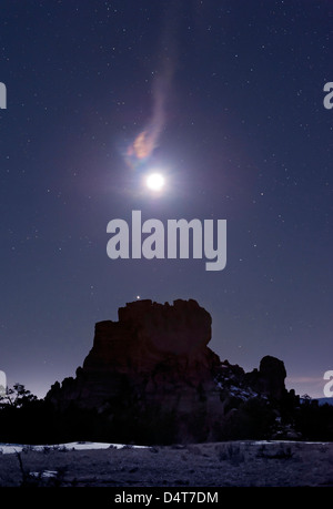 Moon diffraction over Malpais Monument rock, New Mexico. Stock Photo