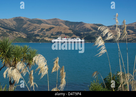 Cunard Liner Queen Mary 2 arriving in Akaroa Harbour in New Zealand's South Island 14th March 2013 Stock Photo