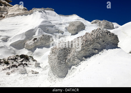 Sarakiniko pumiceous white tuff formations sculpted by erosion, Milos, Greece. Stock Photo