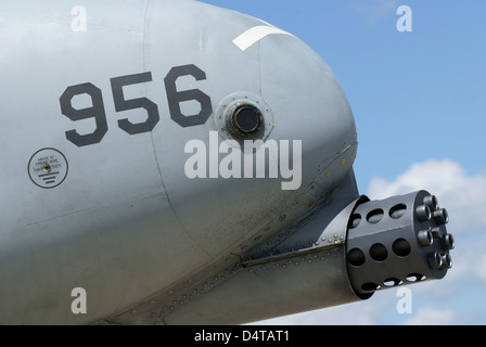 Close-up of the GAU-8 Avenger gun on an A-10A Thunderbolt II of the U.S. Air Force, Geilenkirchen, Germany. Stock Photo