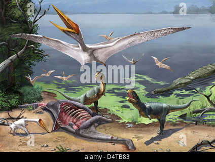 Rugops primus dinosaurs and Alanqa pterosaurs mortify a dead carcass. Stock Photo