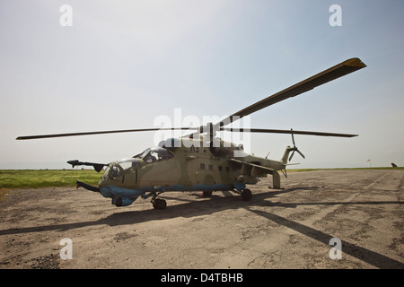 An Mi-35 attack helicopter operated by the Afghan National Army Air Corp at Kunduz Airfield, Northern Afghanistan.