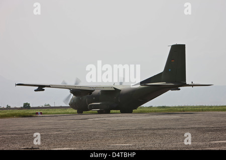 A German Air Force Transall C-160 taxis on the runway. Stock Photo