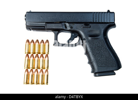 Glock Model 19 handgun with 9mm ammunition. Stock Photo