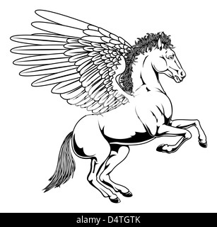 Pegasus horse with wings rearing on its back legs in black and white outline Stock Photo
