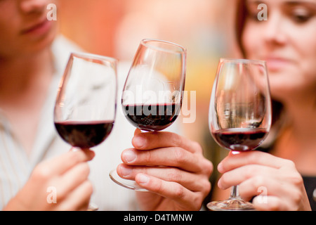 Friends tasting wine in grocery Stock Photo