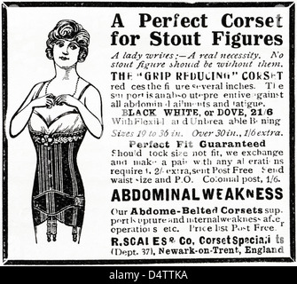 Original 1920s period vintage advertisement print from English magazine advertising A PERFECT CORSET FOR STOUT FIGURES Stock Photo