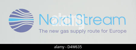 The logo of Nord Stream at the former site of a nuclear power station in Lubmin, Germany, 21 December 2009. Nord Stream AG, a consortium of Russian and Western European firms, plans to build a gas pipeline of 1223 kilometres length along the bottom of the Baltic Sea. The approval of plans was handed over on 21 December; the first pipes can be laid at the Bay of Greifswald ('Greifsw Stock Photo